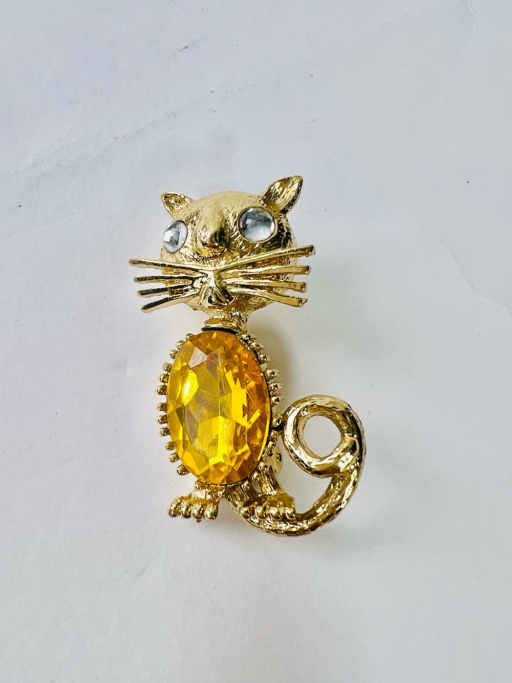 Gold Cat Brooch with Yellow Gemstone - Unbranded